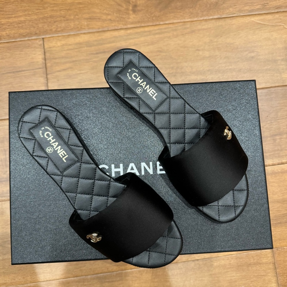Chanel Black Satin Slide Sandal
